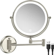 Rechargeable Wall Mounted Makeup Mirror with Lights, 8 Inch Double-Sided 10X Mag