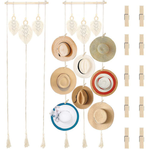Boho Hat Storage Woven Rack Cap Holder Organizer Hanger Wall Decor W/Clips - Picture 7 of 8