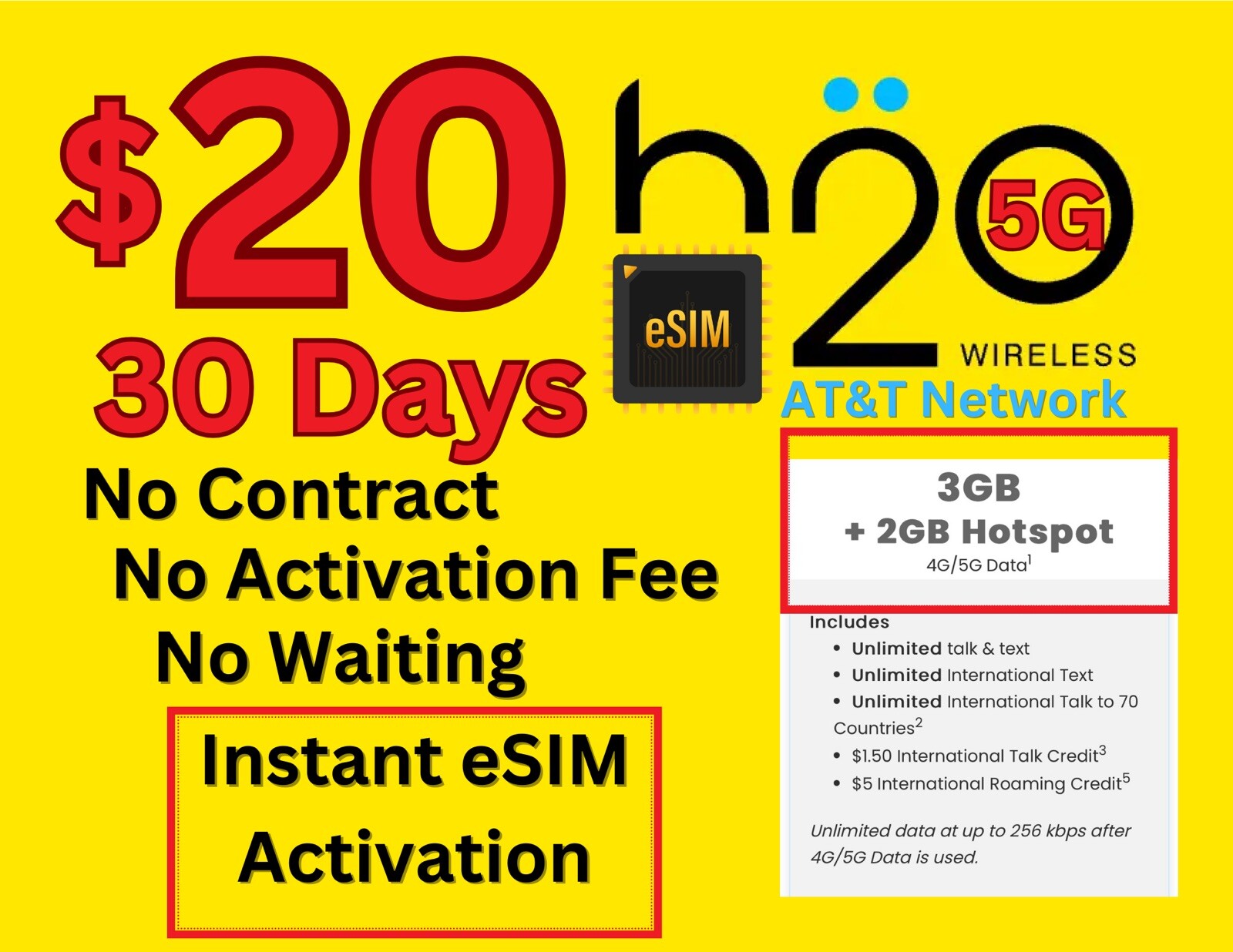 H20 Prepaid Service $20 plan For 30 Days AT&T network - ESim Instant Activate !!