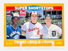 1988 Score #651 Super Shortstops Cal Ripken Jr., Alan Trammell, Tony Fernandez