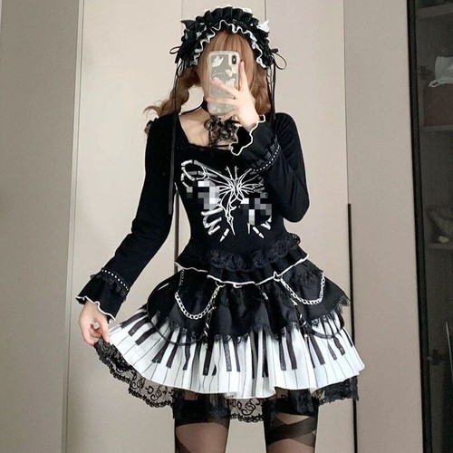 NEW fairy kei lolita kawaii polka dot piano key mesh lace tiered skirt - Picture 4 of 6