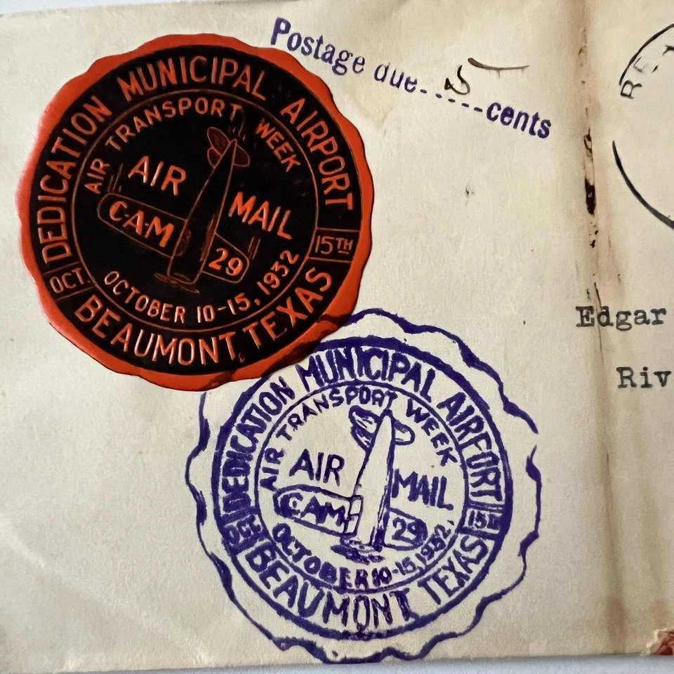 RARE 1932 TEXAS COVER BEAUMONT MUNICIPAL AIRPORT SEAL TO NEW YORK POSTAGE DUE 5C - Image 2 of 3