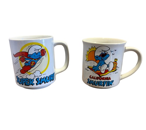 Vintage Super Schlumpf & California Schlumpfin Kaffeetassen Tassen (2) 80er Jahre LESEN