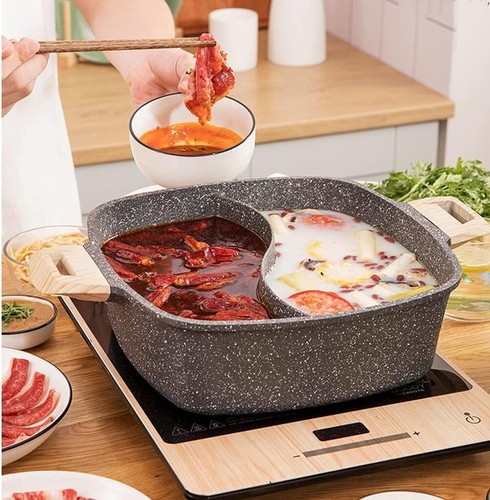 Karot Antihaftbeschichtet Schwarz Granit Geteilt Essential Holzig-Heißer Topf mit Deckel 11" Schöpfkelle - Bild 3 von 14