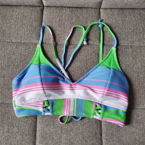 Jessica Simpson Striped Multicolored Bikini Swim Top Size M Lace-up Ribbed - Picture 3 of 9