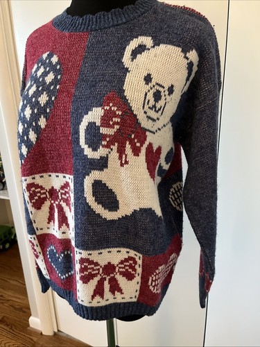 Vintage 1980s Adele Knitwear Sweater Hearts Bears Bows - Picture 2 of 7