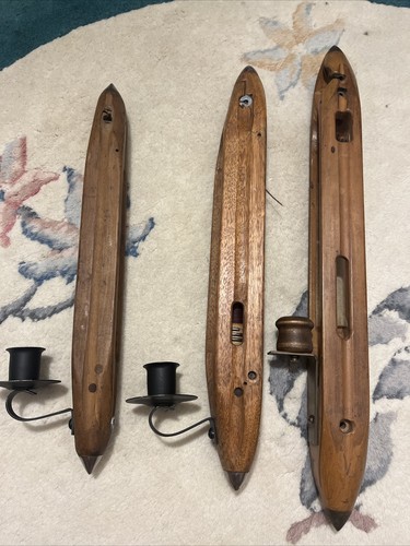 Loom Shuttle Wall Sconce Set of 3 Unique Antique 1950s Folk Art Candle Holder - Picture 3 of 13