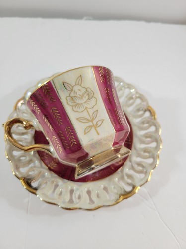Vintage Tea Cup & Saucer Set Pearl Luster Ruby Red & Gold Reticulated Japan - Picture 3 of 8