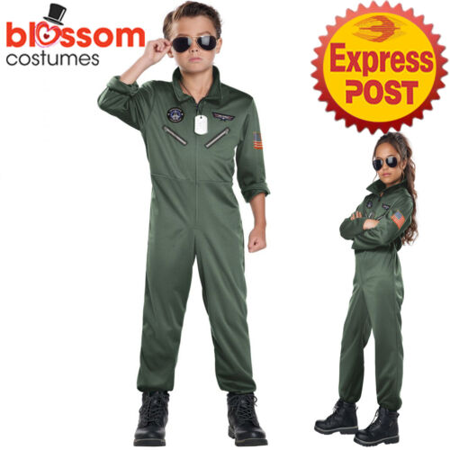 CK2601 Fighter Pilot Aviator Army Military War Book Week Child Top Gun Costume - Afbeelding 1 van 3