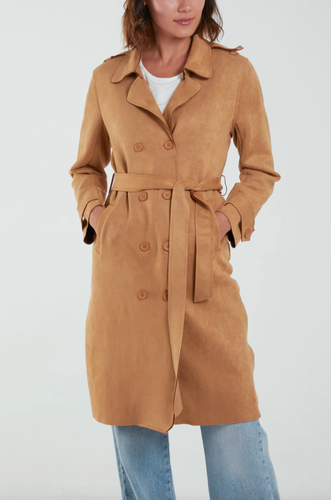 New Women Tan Faux Suede Cut Raw Edge Lightweight Trench Coat & Belt. UK S M L - Picture 5 of 9