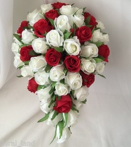 Silk Wedding Bouquet Red White Rose Bud Roses Teardrop Artificial Image Is Loading Silk Wedding Bouquet Red White Rose Bud Roses