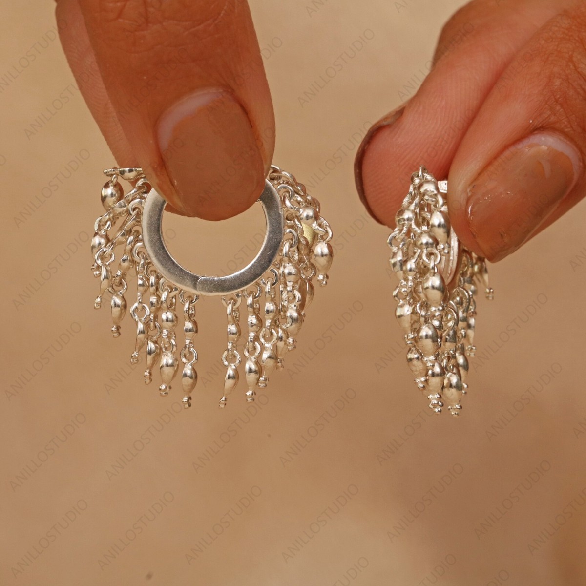 925 Sterling Silver Tassel Drop Hoop Earrings, Dainty Dangling