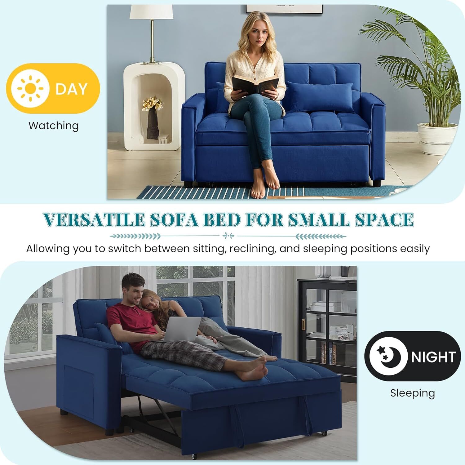Sofa Bed Couch Sleeper Loveseat Convertible Pull-Out Bed Couch With Side Pockets