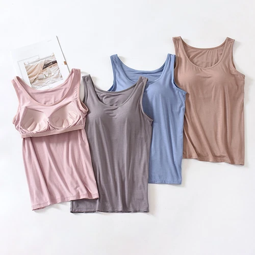 Women Stretch Cami Built-in Shelf Bra Tank Top Wide Straps Padded Yoga Tops