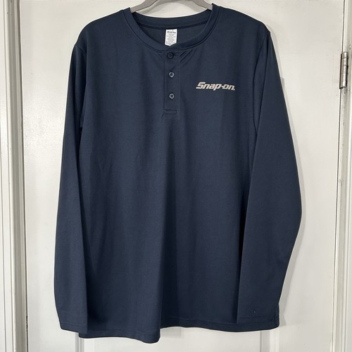 Snap-On Mens Blue Polyester Large Henley Shirt Long Sleeve Navy Performance NWOT