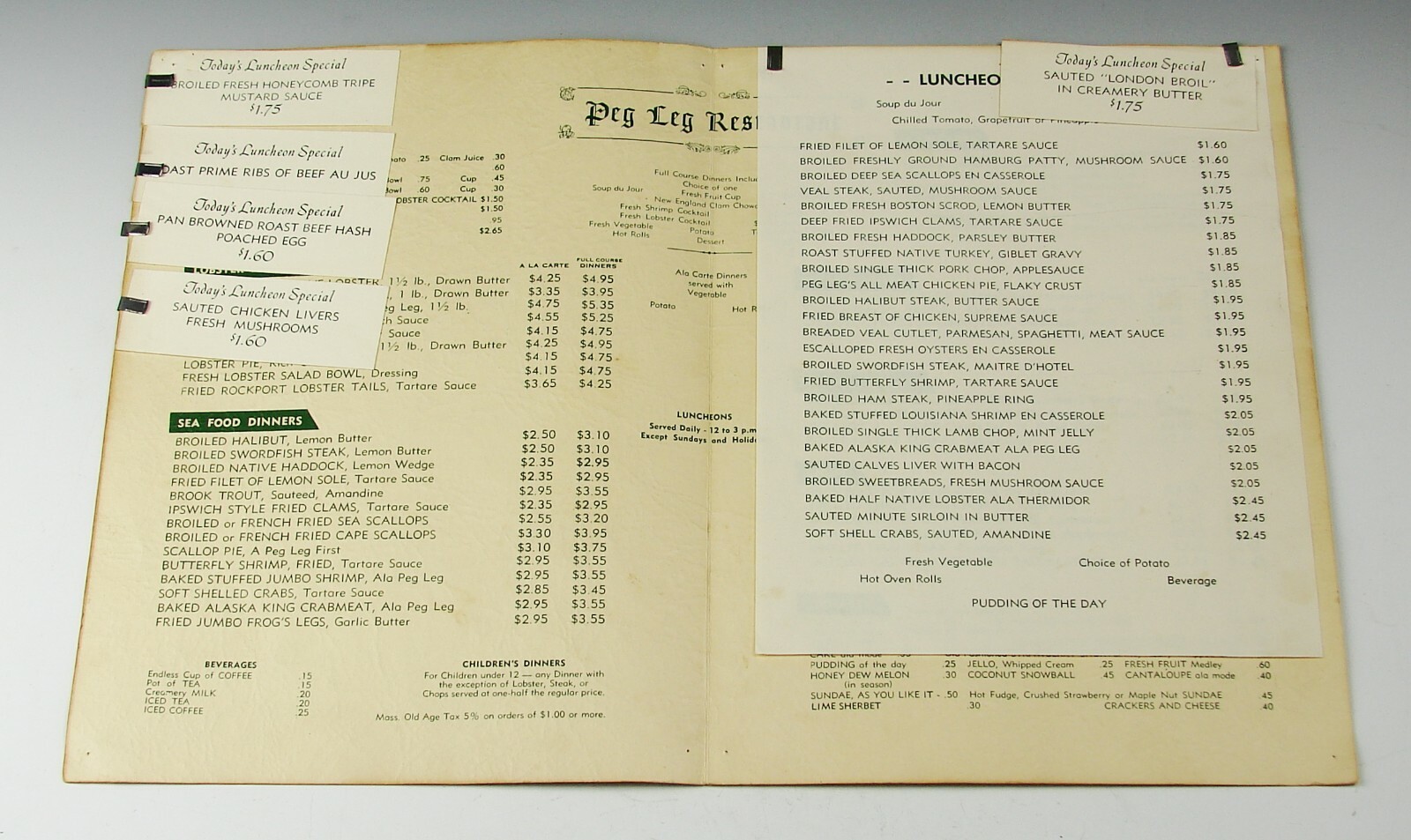 Antique Vtg Restaurant Menu PEG LEG RESTAURANT Rockport MA Food Travel