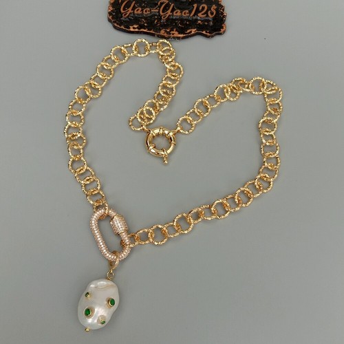 18" Cultured White Keshi Pearl Green Cz Pave Gold Plated Chain Necklace - Picture 7 of 8