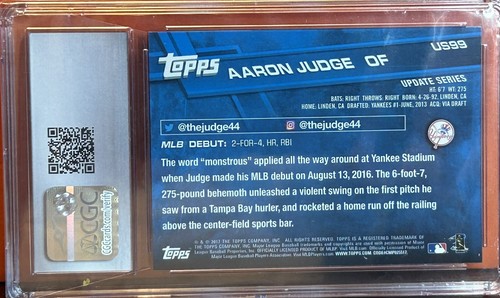 2017 Topps Update Aaron Judge #US99 Rookie Debut RC Card CGC 10 Gem Mint - Picture 2 of 2