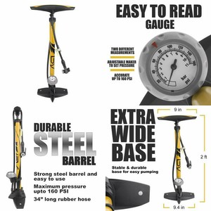 BV Bicycle Ergonomic Bike Floor Pump with Gauge Smart Valve Head 160 psi Autom