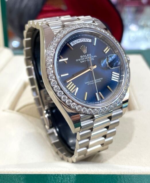 Rolex President Day-Date 40mm 228349 RBR 18K W Gold Blue Dial Factory Bezel *NEW RY10928 Rolex President Day-Date 40mm 228349 RBR 18K W Gold Blue Dial Factory Bezel *NEW RY10928