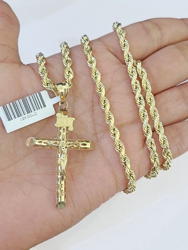 10k Gold Rope Chain & Cross Charm Pendent SET 4mm 24 Inches Necklace - Picture 4 of 5
