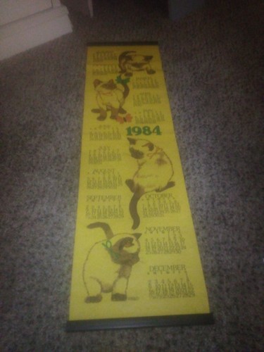 Vintage 1984 Cloth Kitchen Calendar Wall Hanging decorative cats 9.5" x 35"  B&D
