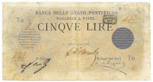 5 LIRE BANCA DELLO STATO PONTIFICIO 1870 MB/MB+