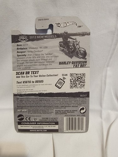 HOT WHEELS HARLEY DAVIDSON FAT BOY 2012 NEW MODELS #30/50 FAST S&H IN BOX 1/64 - Picture 2 of 2