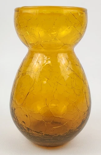 Blenko Style Amber Crackle Glass Vase Glow Mouth Rim Orange Cadmium 6" Vtg