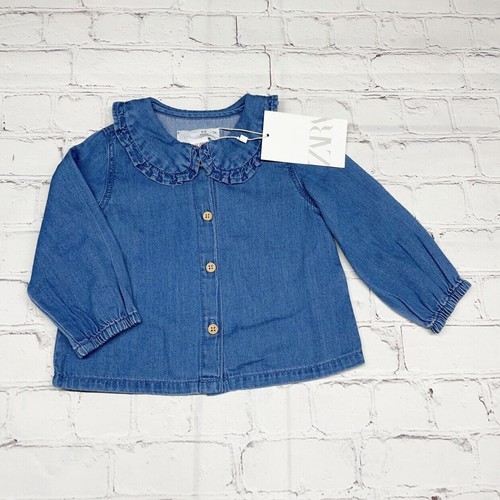 NEW Zara 6-9 mos Ruffle Collared Chambray Denim Button Up 100% Cotton - Foto 2 di 7