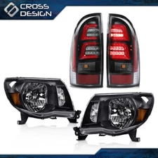 Black Headlights & 3D LED Tube Bar Tail Lights Fit For 2005-2011 Toyota Tacoma