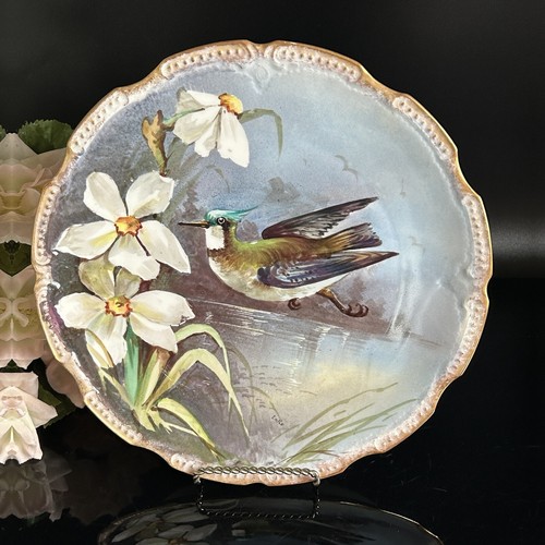Antique Flambeau Limoges Bird Plate 9.5”Artist Signed EMILE Scalloped Gilded Rim - Picture 14 of 22
