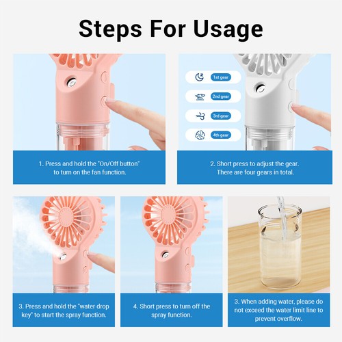 Handheld Water Spray Cooling Mist Fan Travel Portable Rechargeable Personal Fan - Picture 15 of 19