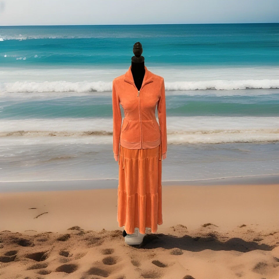 Juicy Couture M Top S Orange Maxi Dress French Terry Tracksuit Set Y2K Luxury - Image 2 of 4
