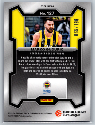 Marko Guduric 2023-24 Panini Prizm Euroleague Blue Prizm /199 #127 Fenerbahce - Picture 2 of 2