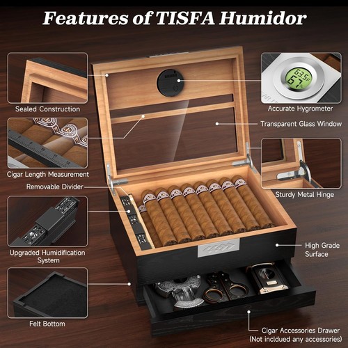 Zigarren Humidor, Zedernholz Tisch Humidor Box mit digitalem Hygrometer, verstellbar - Bild 3 von 11