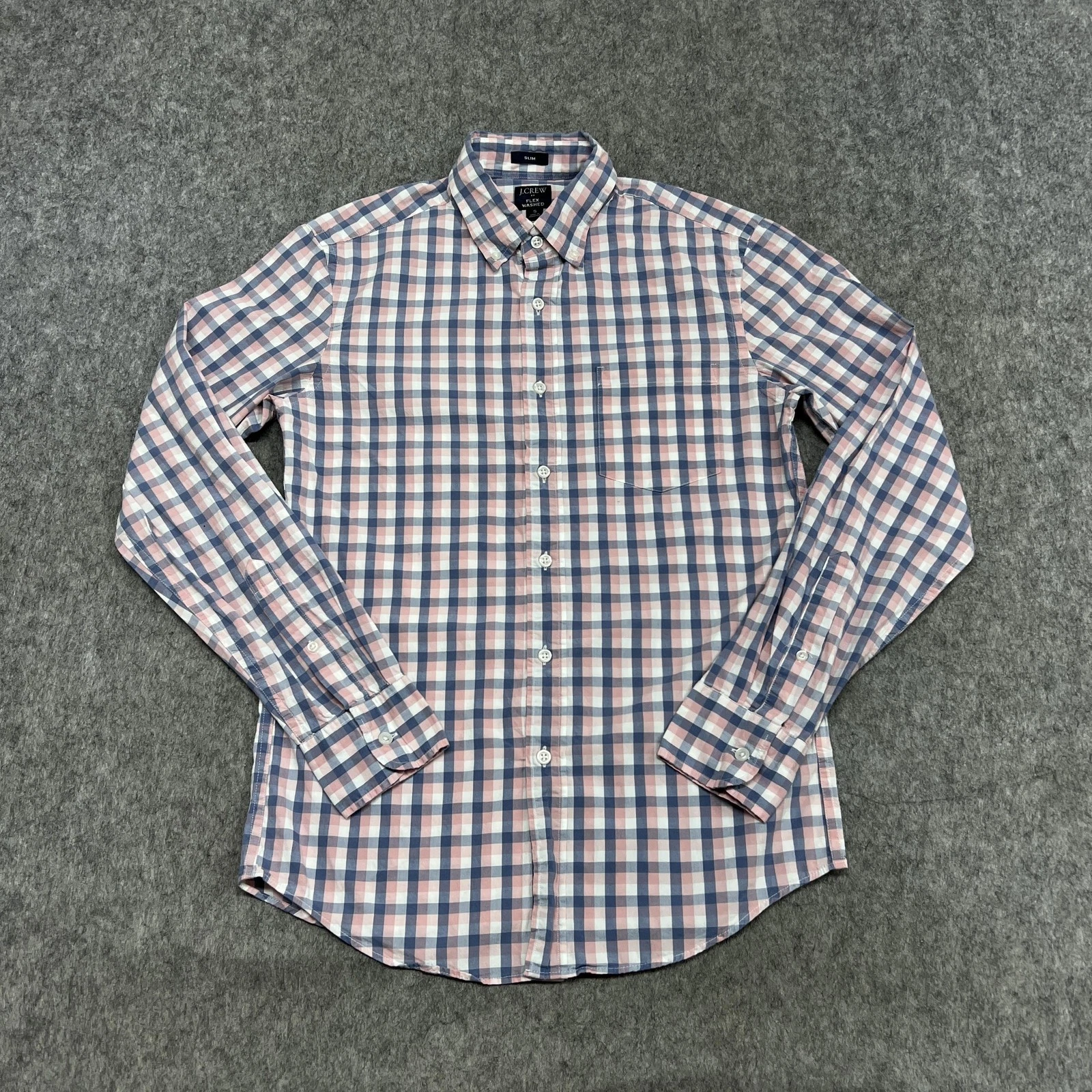J Crew Shirt Mens S Pink Blue Check Long Sleeve Button Down Flex Washed Slim