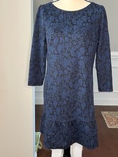 Loft Jacquard Print Dress with Ruffle Hem Blue/Black Sz 10