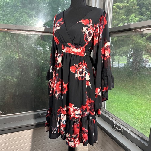 Betsey Johnson Black Floral Print Long Sleeve Ruffle Mini Dress Size 10 - Picture 3 of 8