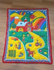 Vtg Rainbow Farm Animal Quilt Baby Blanket Wall Primary Vibrant 1980's 31x38