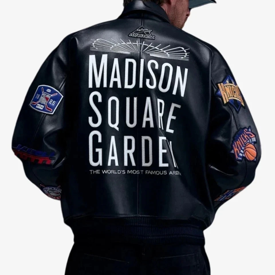 New York Knicks Madison Square Garden Leather Jacket - Kith Avirex Bomber Coat - Image 3 of 4