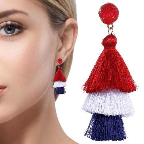 4th of July Patriotic Earrings, American Flag Earrings, Independence Day Stud Da - Picture 2 of 5
