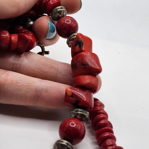 Vintage großes rotes Bambus Korallen Halsband 16" Halskette silberfarben? Zwischenperlen - Bild 4 von 6