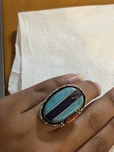 Vintage Sterling Navajo Ring, Turquoise Lapis Lazuli and Coral, size 7, Signed - Picture 4 of 8