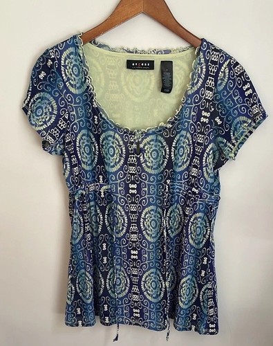 Vintage Y2K Babydoll Top Mesh Floral Boho Hippie Lettuce Hem Tie Front Blue M - Picture 1 of 7