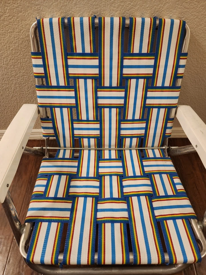 Silla de playa plegable vintage de aluminio con palmeadas azul verde amarillo rojo Foto 2 de 4