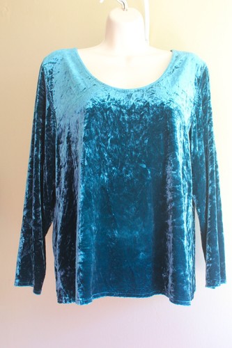 Eileen Fisher T Shirt Womens L Teal Crushed Velvet Knit Silk Rayon Scoop Neck LS - Picture 2 of 5