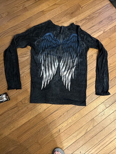 Selten Vintage neu Etikett Affliction Shirt Erwachsene XL schwarz grau Tshirt Langarm Flügel - Bild 8 von 11