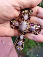 COLLECTORS Vintage ALICE CAVINESS Lavender Rhinestone & Cabochon Cross Necklace
