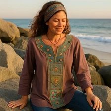 Venezia Vitale Top 1X Denim Patchwork Embellished Long Sleeve Cotton Relaxed Fit